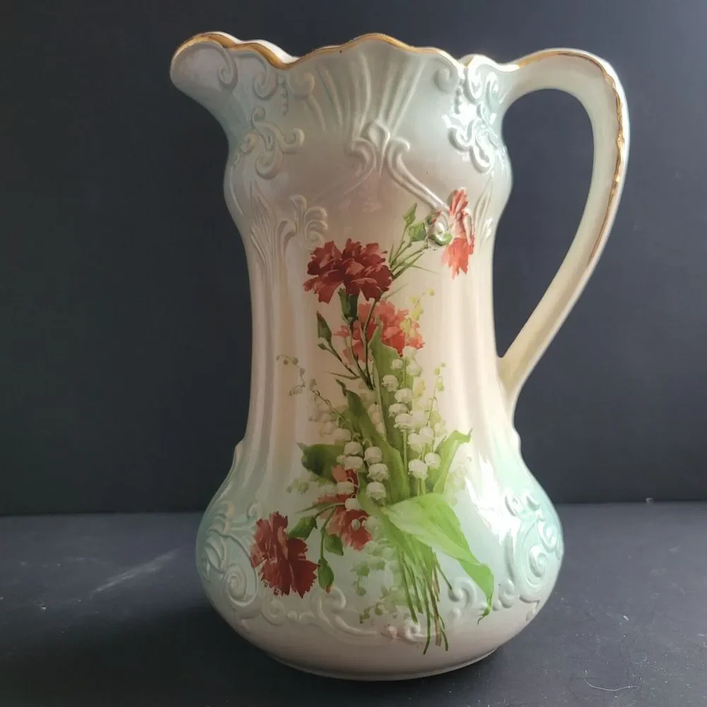 Vtg Pitcher Grandma Core Pitcher Vase Signed RS Prussia Gold Blue 9